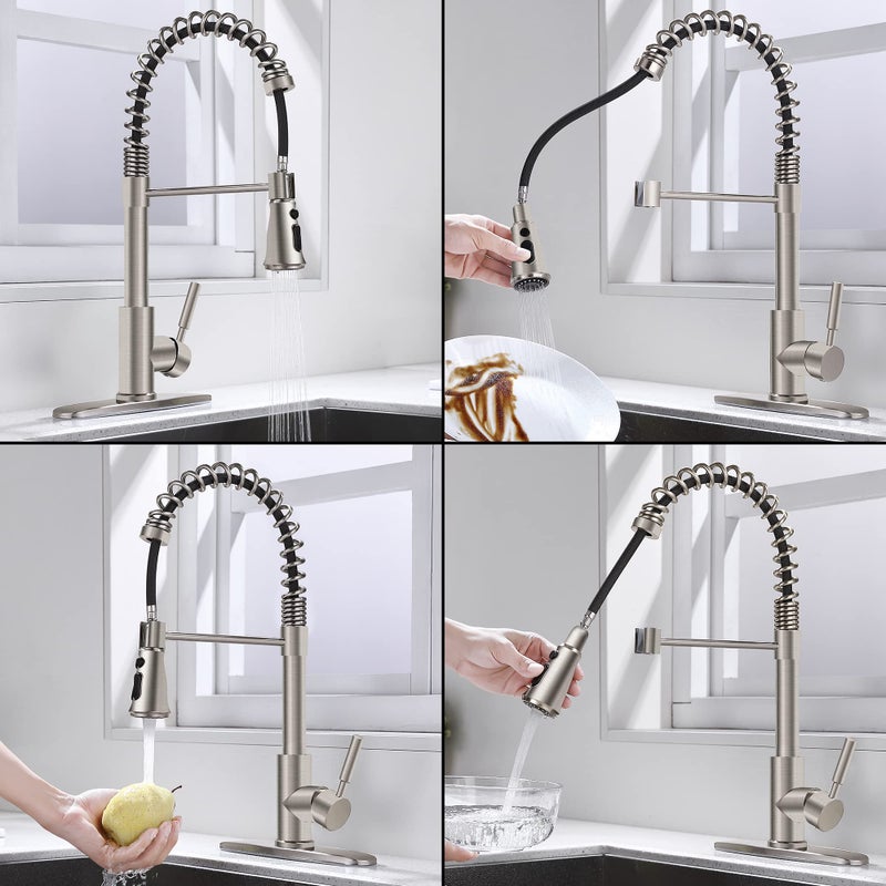 SOKA Single Handle Kitchen Pull Down Faucet with Sparyer Fit for 1 & 3 Hole with Three Working Modes Stream, Spray & Pause Brushed Nickel (SK5001NY) - Image 3